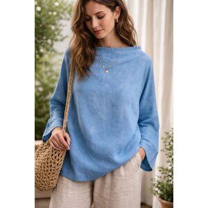 Museo Studio Womens Top Sz Small Medium Blue Cotton Boxy Slow Fashion Lagenlook